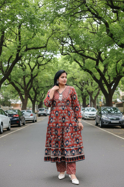 Red Cotton Anarkali Suit Set