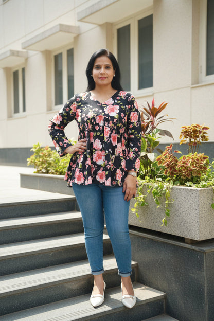 Black & Pink Cotton Floral Peplum Short Kurti