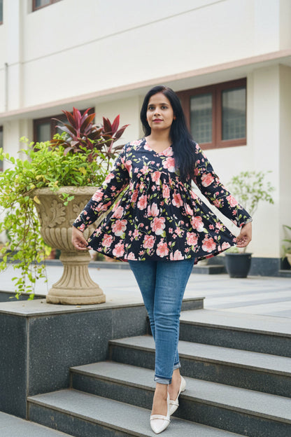 Black & Pink Cotton Floral Peplum Short Kurti