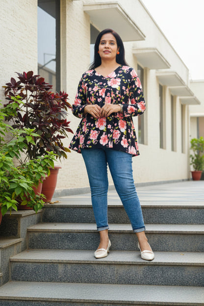 Black & Pink Cotton Floral Peplum Short Kurti
