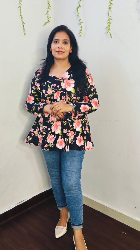 BLACK & PINK FLORAL PEPLUM SHORT KURTI