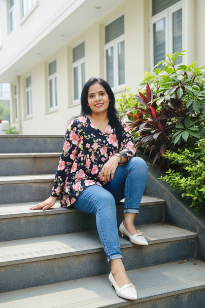 Black & Pink Cotton Floral Peplum Short Kurti