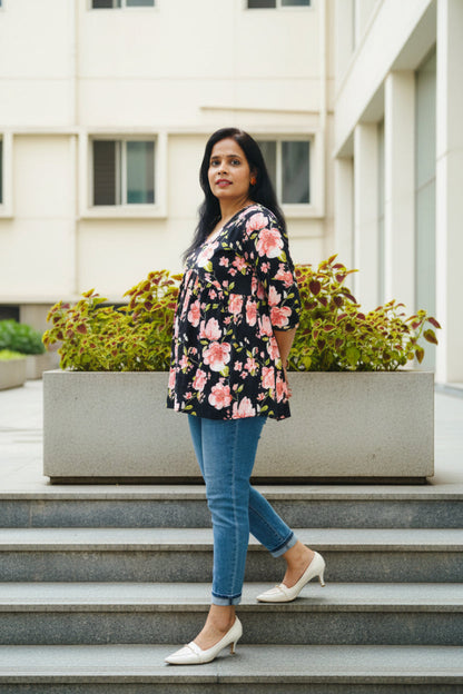 Black & Pink Cotton Floral Peplum Short Kurti