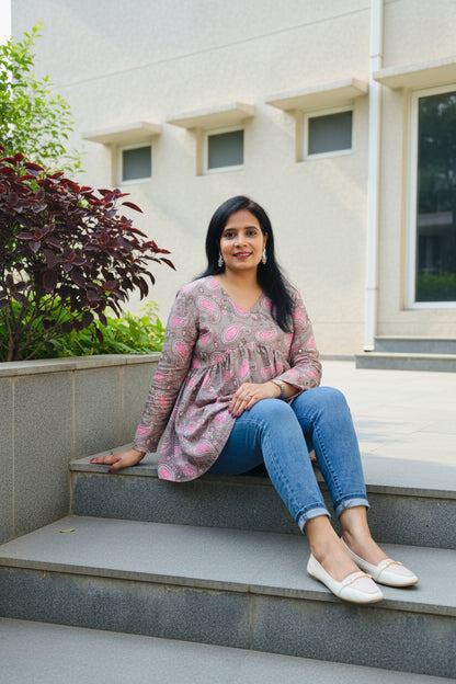 Floral Pink Ishika Peplum Short Kurti