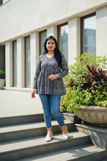 Black Vilgi Printed Cotton Peplum Short Kurti