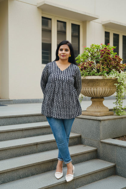 Black Vilgi Printed Cotton Peplum Short Kurti