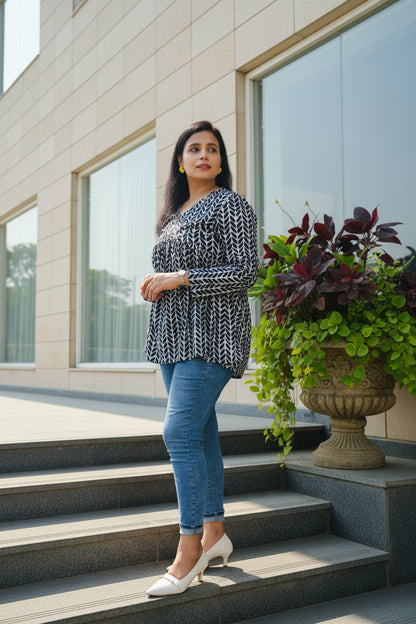 Black Vilgi Printed Cotton Peplum Short Kurti