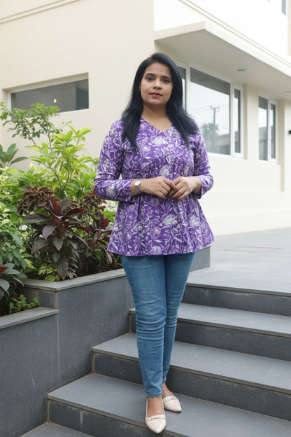 Purple Cotton V-Neck Peplum Top with White Floral Print