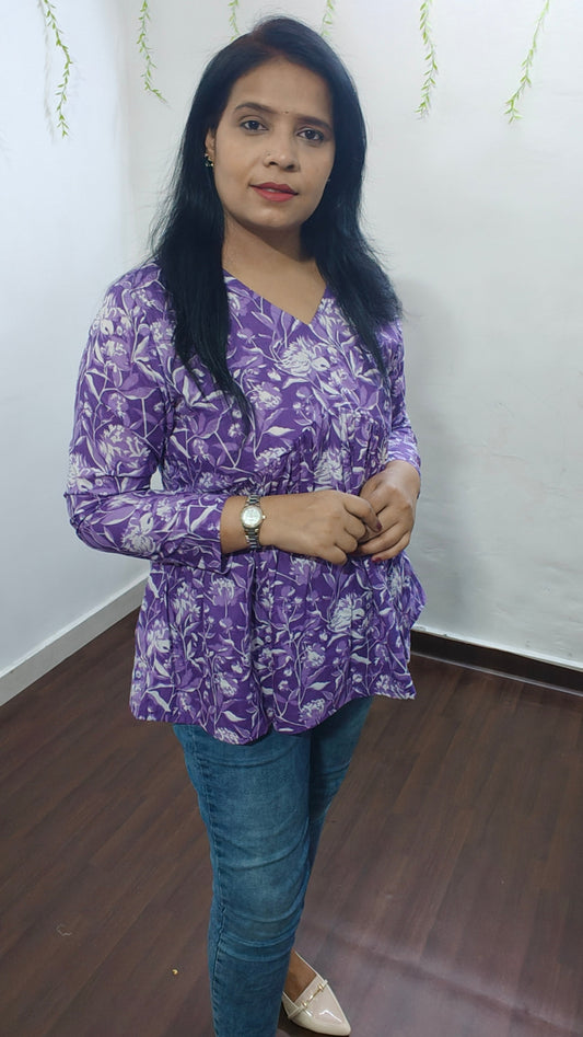 PURPLE COTTON V-NECK PEPLUM TOP I WHITE FLORAL PRINT