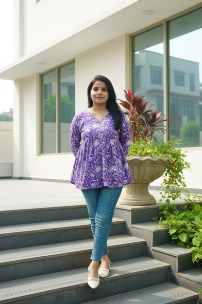 Purple Cotton V-Neck Peplum Top with White Floral Print