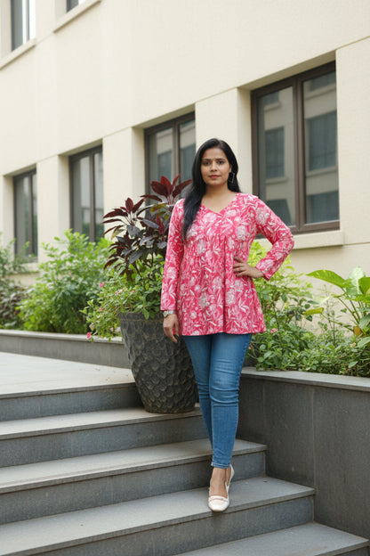 Floral Pink Cotton Peplum Short Kurti