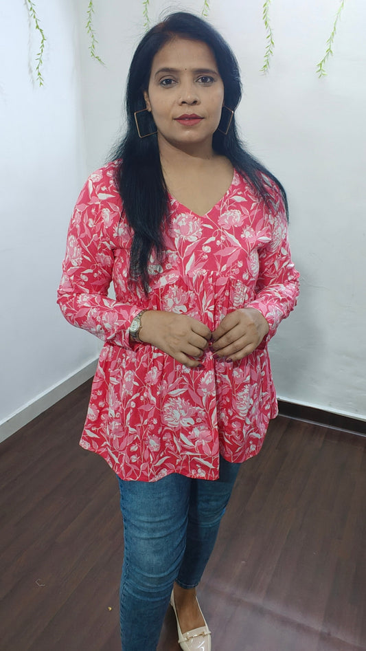 FLORAL PINK VISCOSE RAYON PEPLUM SHORT KURTI