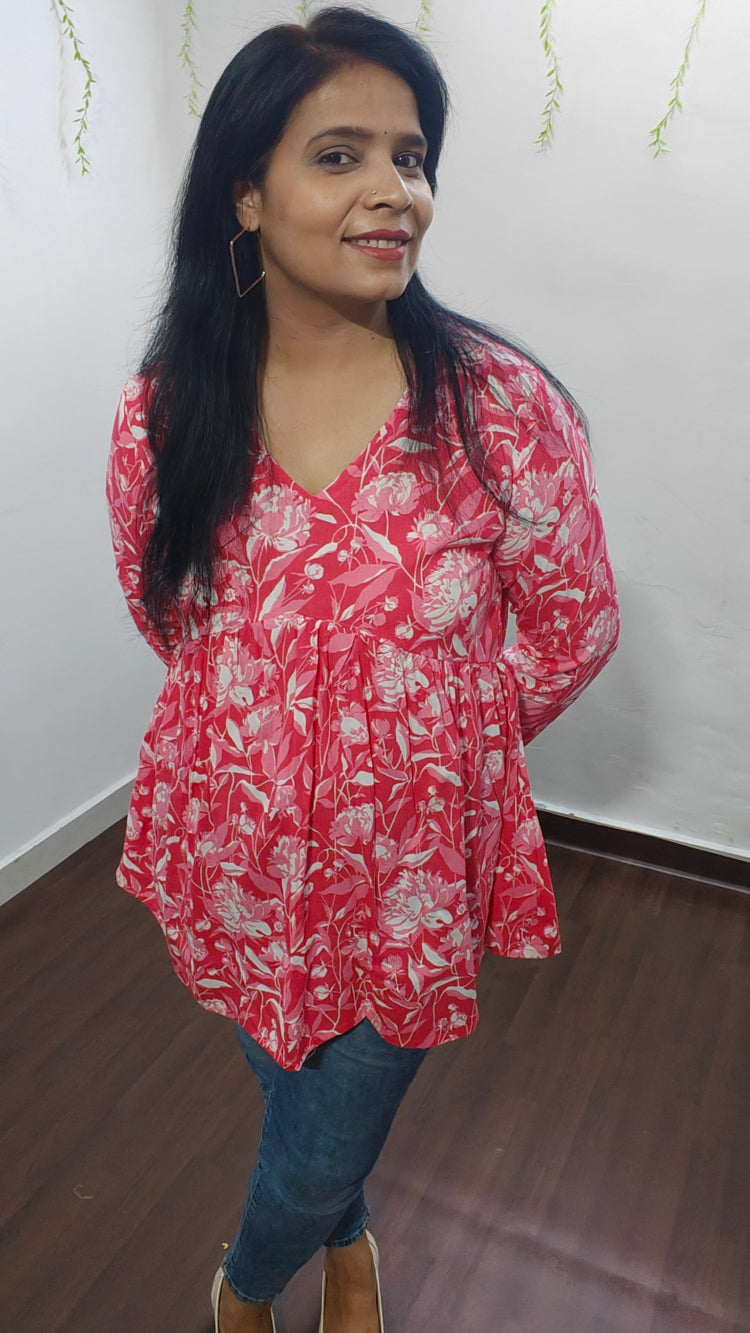 FLORAL PINK VISCOSE RAYON PEPLUM SHORT KURTI