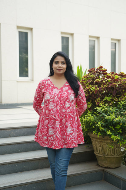 Floral Pink Cotton Peplum Short Kurti