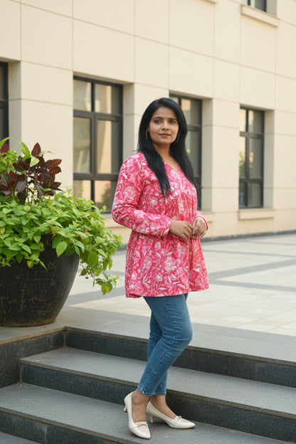 Floral Pink Cotton Peplum Short Kurti