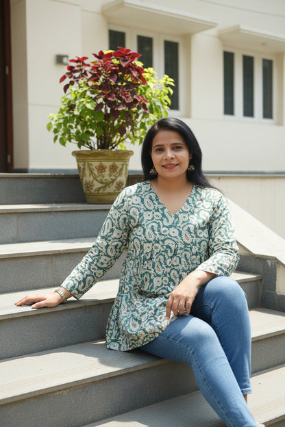 Ocean Blue Paisley Print Cotton Peplum Short Kurti