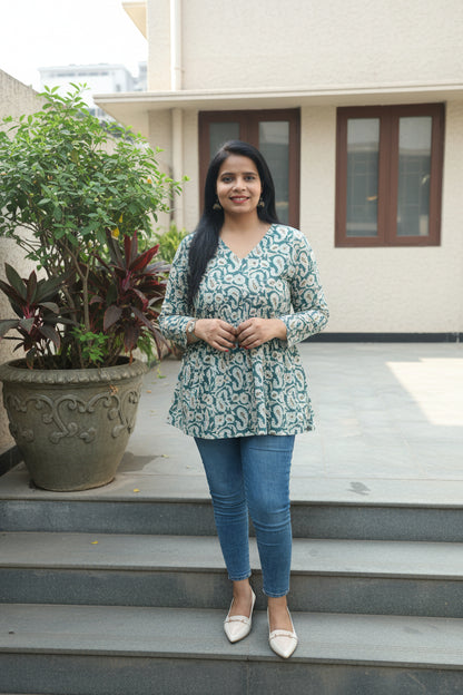 Ocean Blue Paisley Print Cotton Peplum Short Kurti