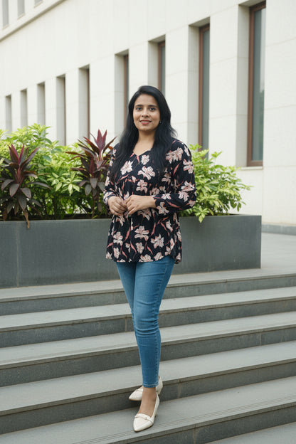Black Cotton V-Neck Peplum Top with Hibiscus Print