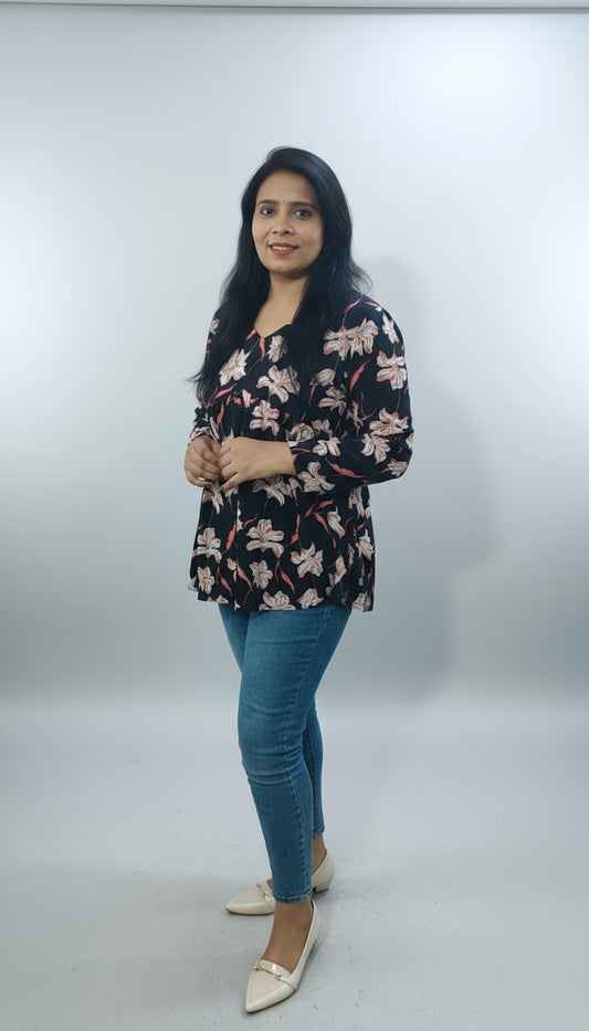 BLACK COTTON V-NECK PEPLUM TOP – SELF DESIGN I HIBISCUS PRINT