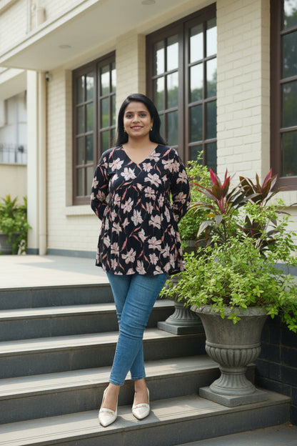 Black Cotton V-Neck Peplum Top with Hibiscus Print