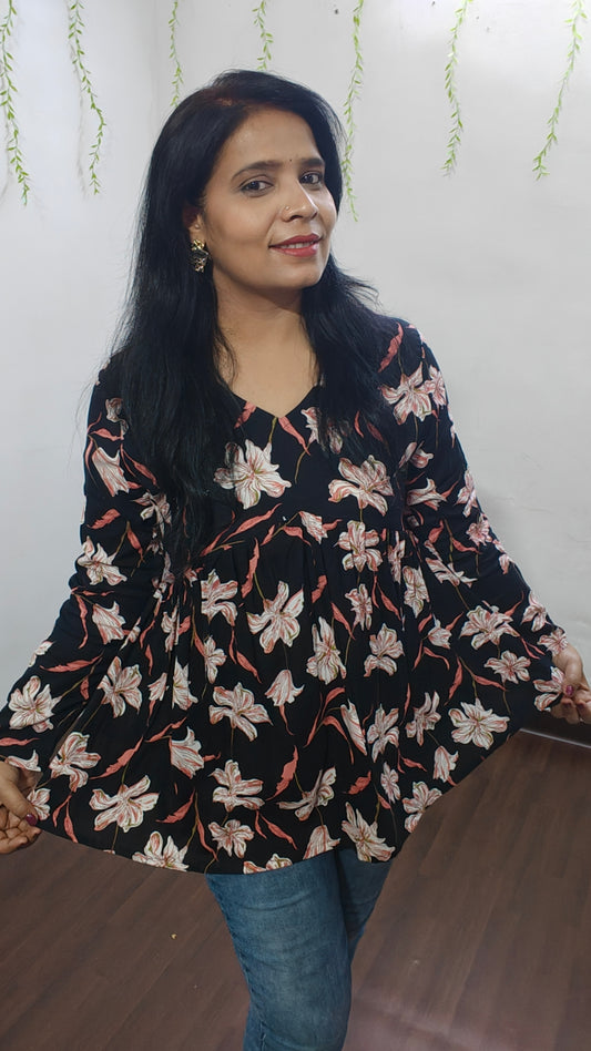 BLACK COTTON V-NECK PEPLUM TOP – SELF DESIGN I HIBISCUS PRINT
