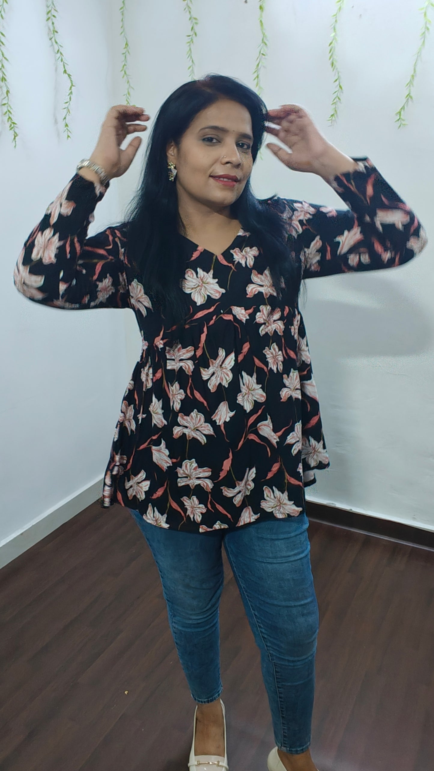 BLACK COTTON V-NECK PEPLUM TOP – SELF DESIGN I HIBISCUS PRINT