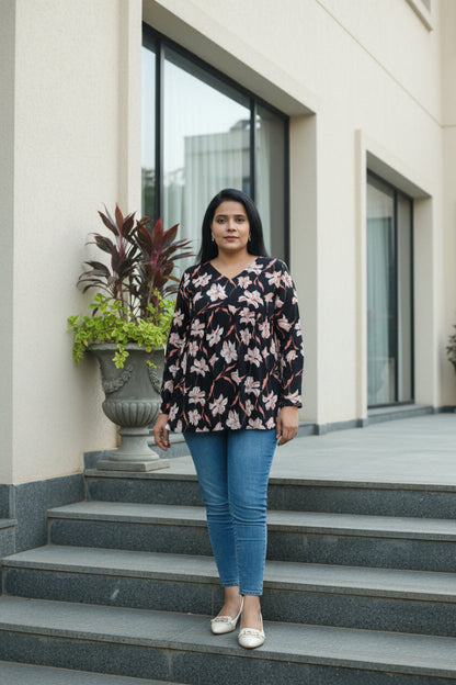 Black Cotton V-Neck Peplum Top with Hibiscus Print