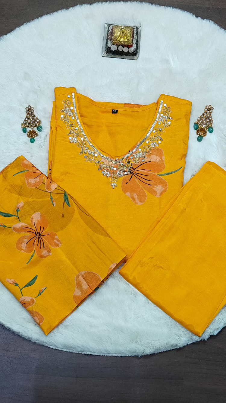 MANGO YELLOW DIGITAL PRINT STRAIGH SUIT SET