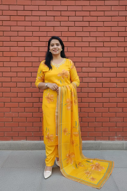Mango Yellow Digital Print Straight Suit Set