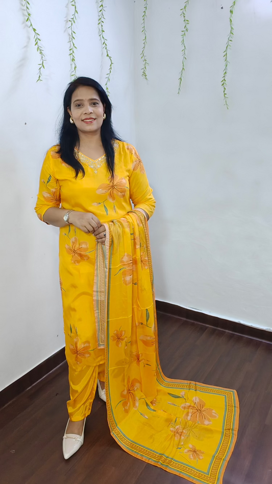 MANGO YELLOW DIGITAL PRINT STRAIGH SUIT SET