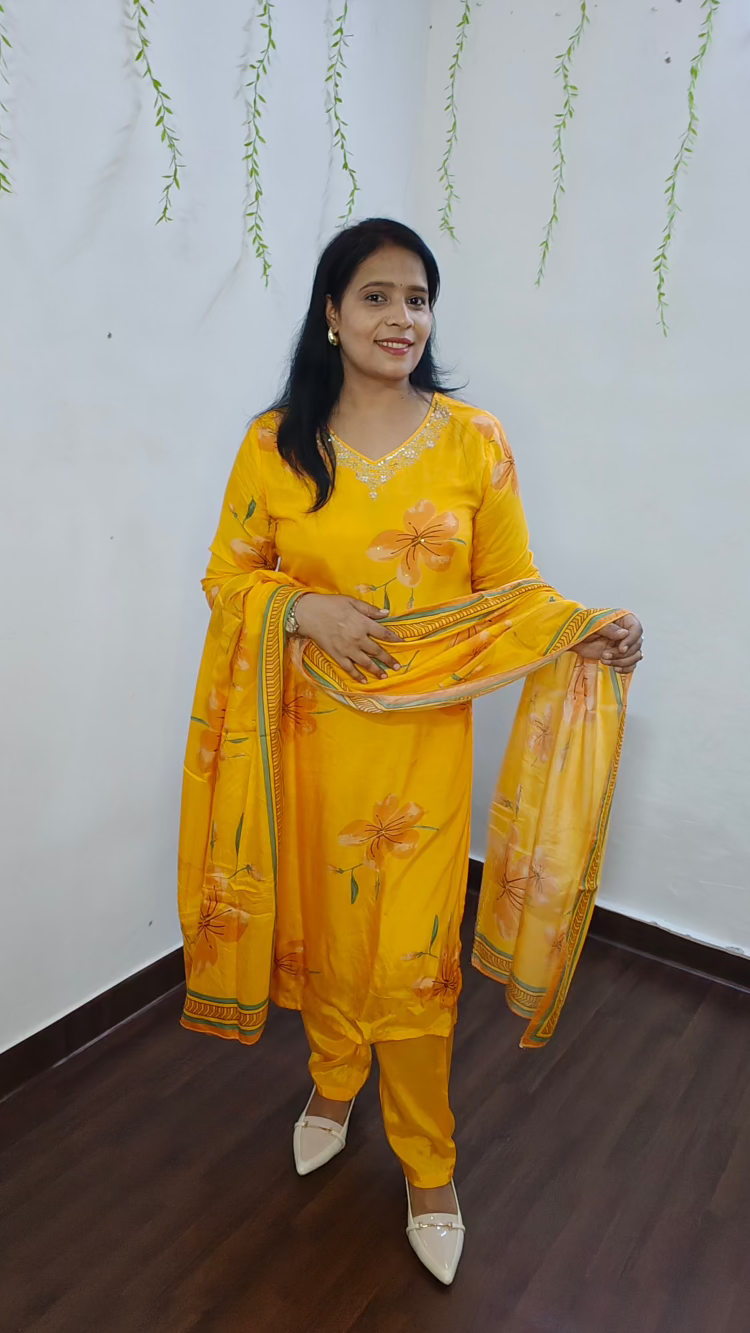 MANGO YELLOW DIGITAL PRINT STRAIGH SUIT SET