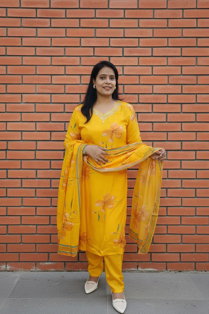 Mango Yellow Digital Print Straight Suit Set