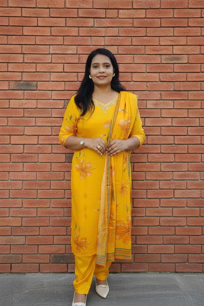 Mango Yellow Digital Print Straight Suit Set