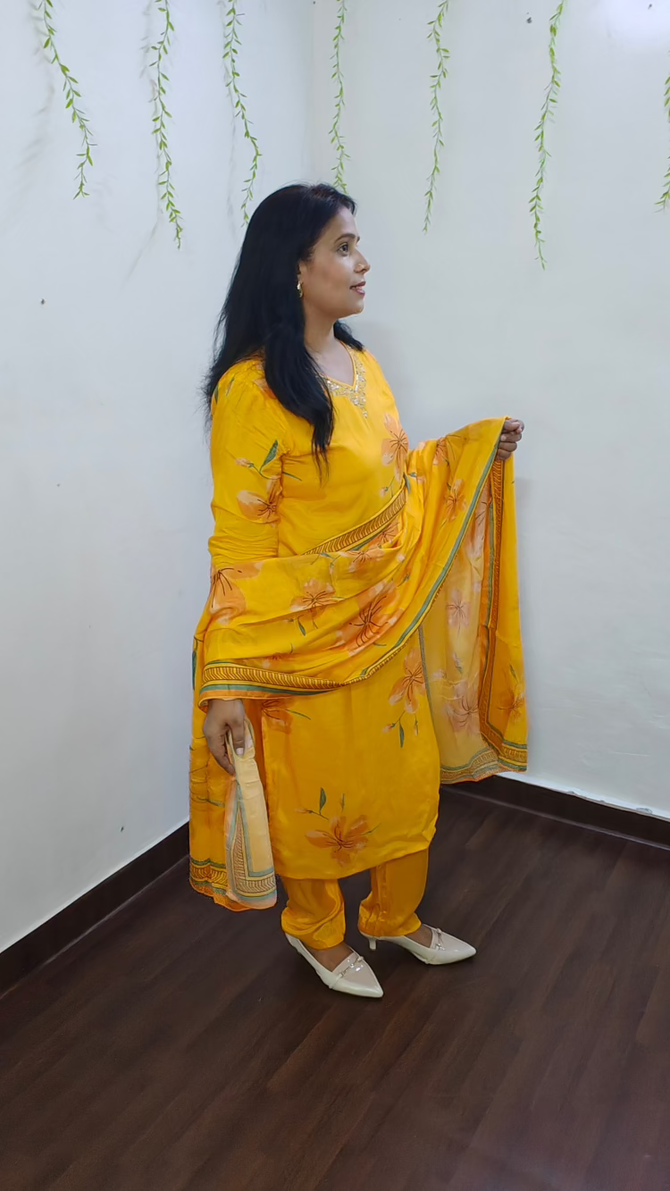 MANGO YELLOW DIGITAL PRINT STRAIGH SUIT SET