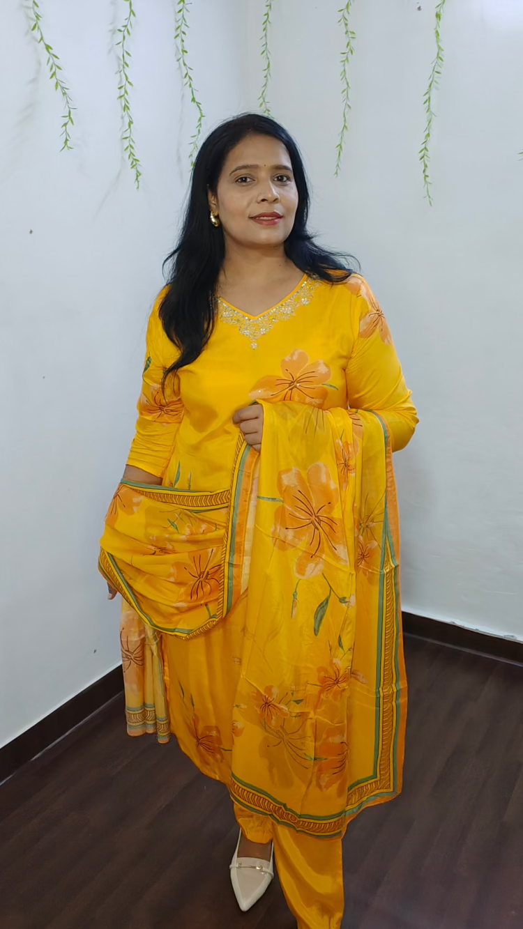 MANGO YELLOW DIGITAL PRINT STRAIGH SUIT SET