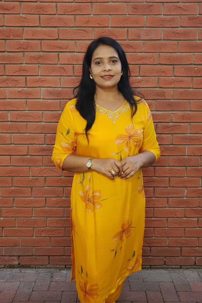 Mango Yellow Digital Print Straight Suit Set