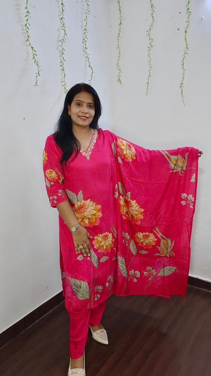 Hot Pink & Yellow Digital Floral Print Straight Suit Set