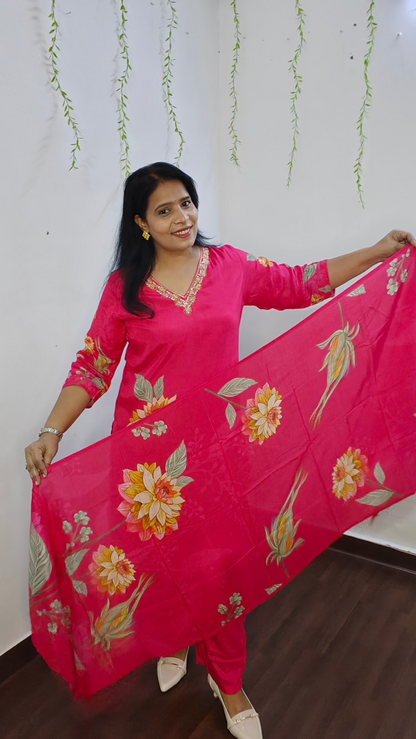 Hot Pink & Yellow Digital Floral Print Straight Suit Set