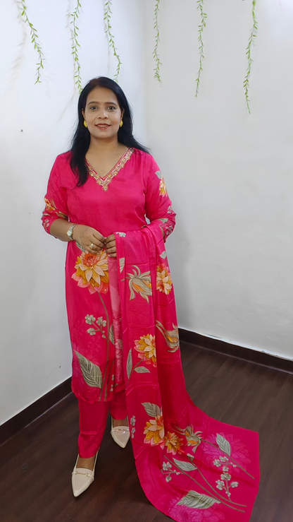 Hot Pink & Yellow Digital Floral Print Straight Suit Set