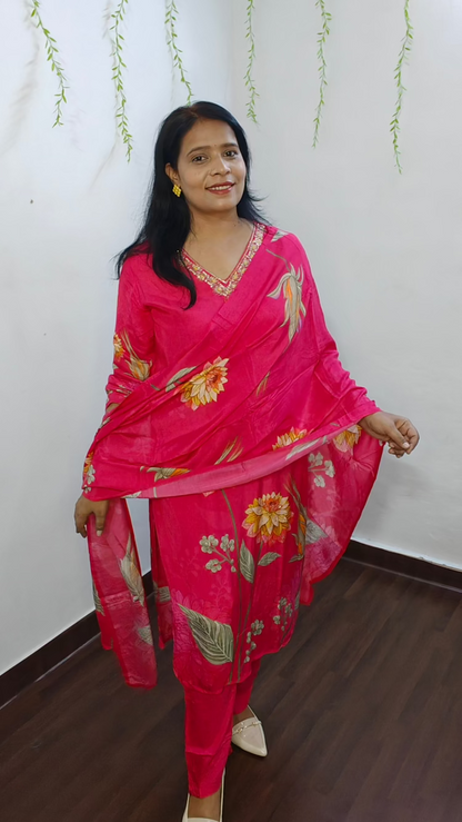 Hot Pink & Yellow Digital Floral Print Straight Suit Set