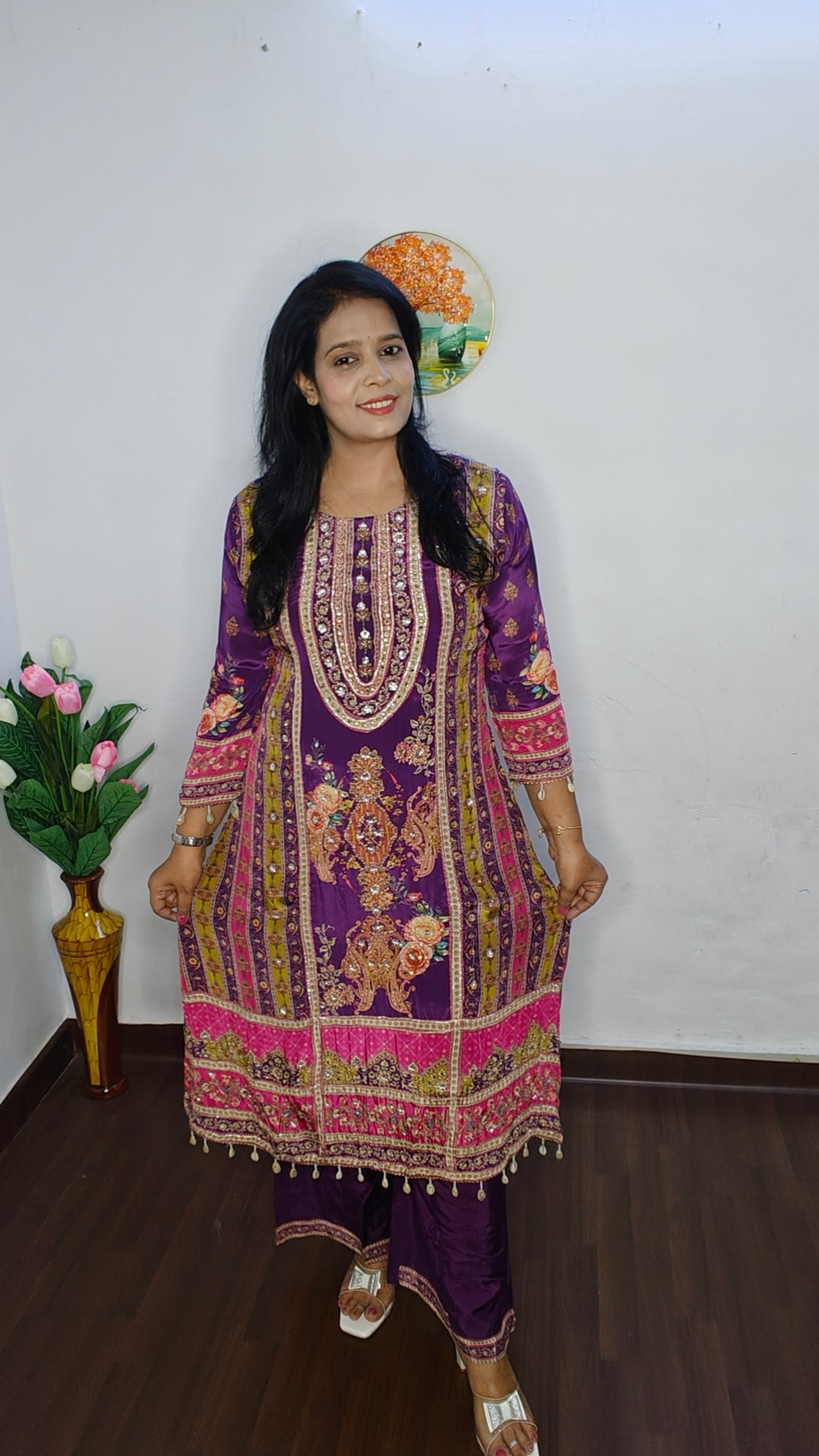 PURPLE  PURE CREPE A- LINE DIGITAL WORK WITH ZARI WORK DETAILING SUIT SET OF 3