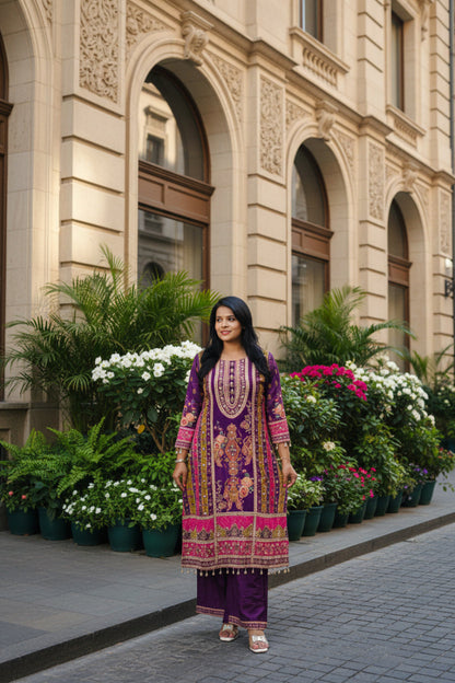 Purple Pure Crepe A-Line Digital & Zari Work Suit Set