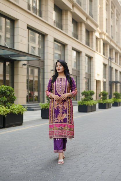 Purple Pure Crepe A-Line Digital & Zari Work Suit Set