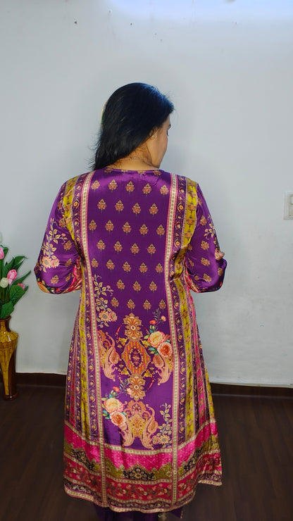 Purple Pure Crepe A-Line Digital & Zari Work Suit Set
