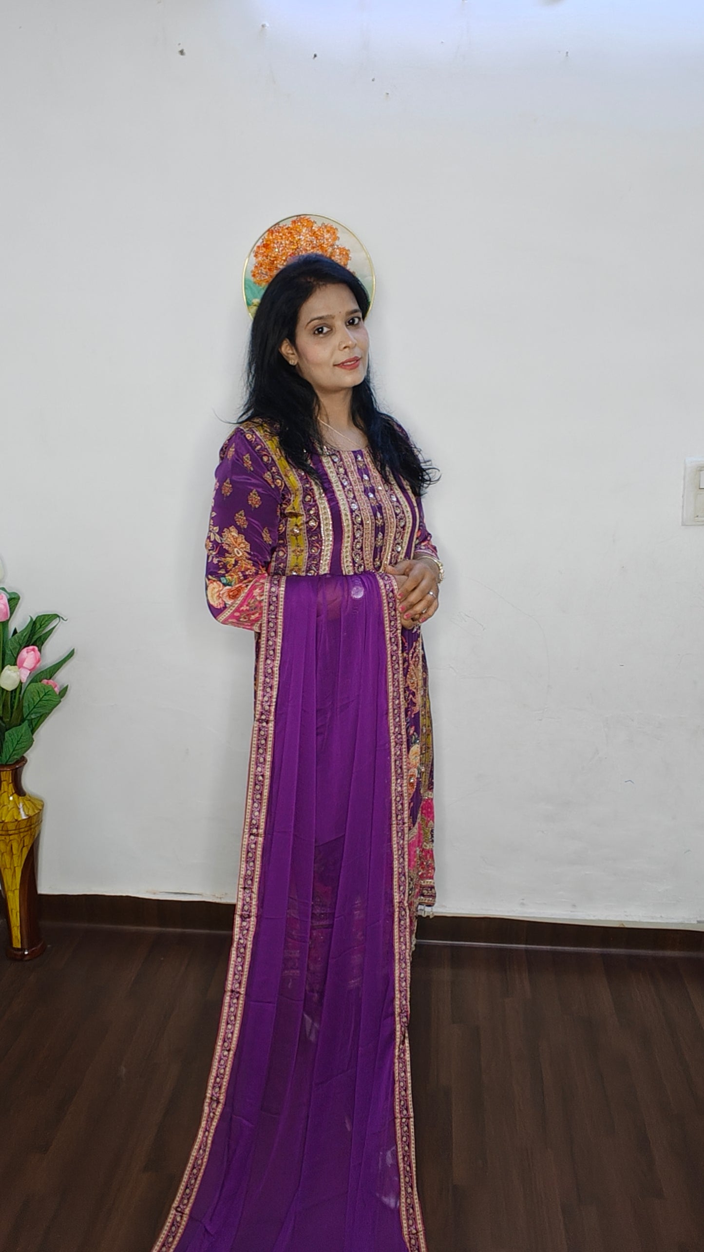 PURPLE  PURE CREPE A- LINE DIGITAL WORK WITH ZARI WORK DETAILING SUIT SET OF 3