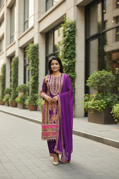 Purple Pure Crepe A-Line Digital & Zari Work Suit Set