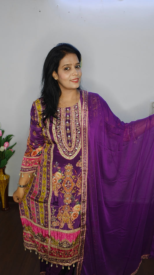 PURPLE  PURE CREPE A- LINE DIGITAL WORK WITH ZARI WORK DETAILING SUIT SET OF 3