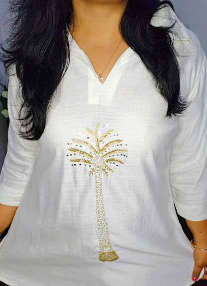 Snow White Palm Tree Embroidered Co-Ord Set