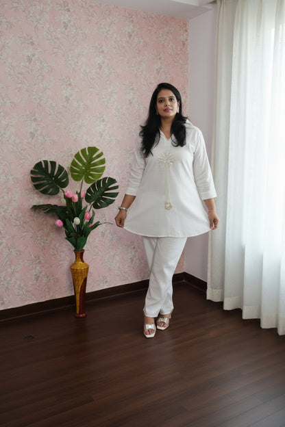 Snow White Palm Tree Embroidered Co-Ord Set