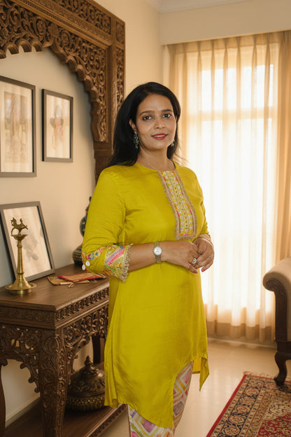 Haldi Yellow Roman Silk Embroidered Co-Ord Set